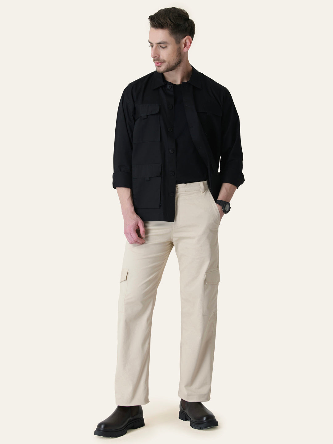 Beige Solid Cargo Pants