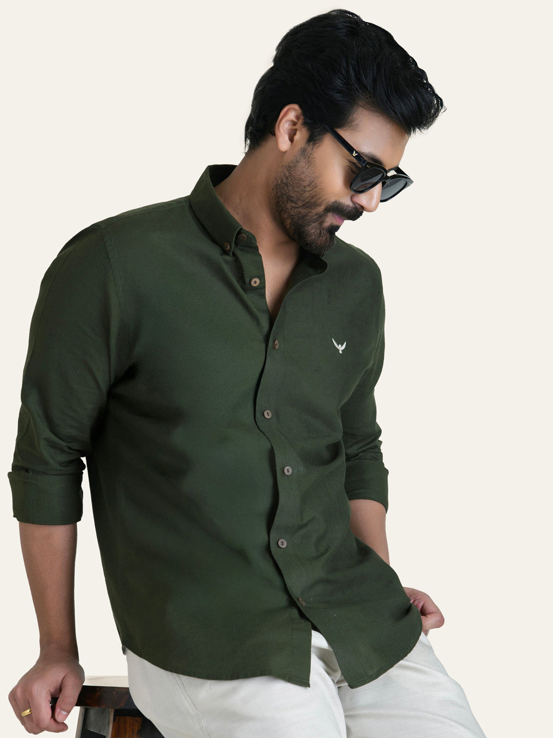 Green Solid Slim Fit Linen Cotton Shirt