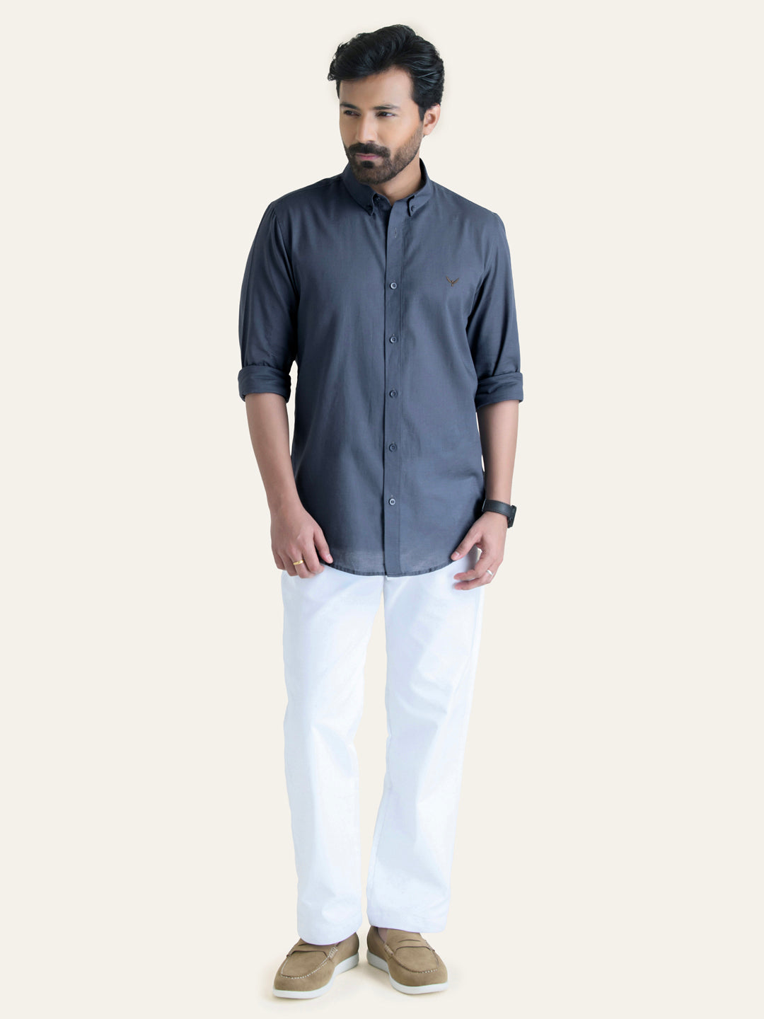 Dark Grey Solid Slim Fit Linen Cotton Shirt