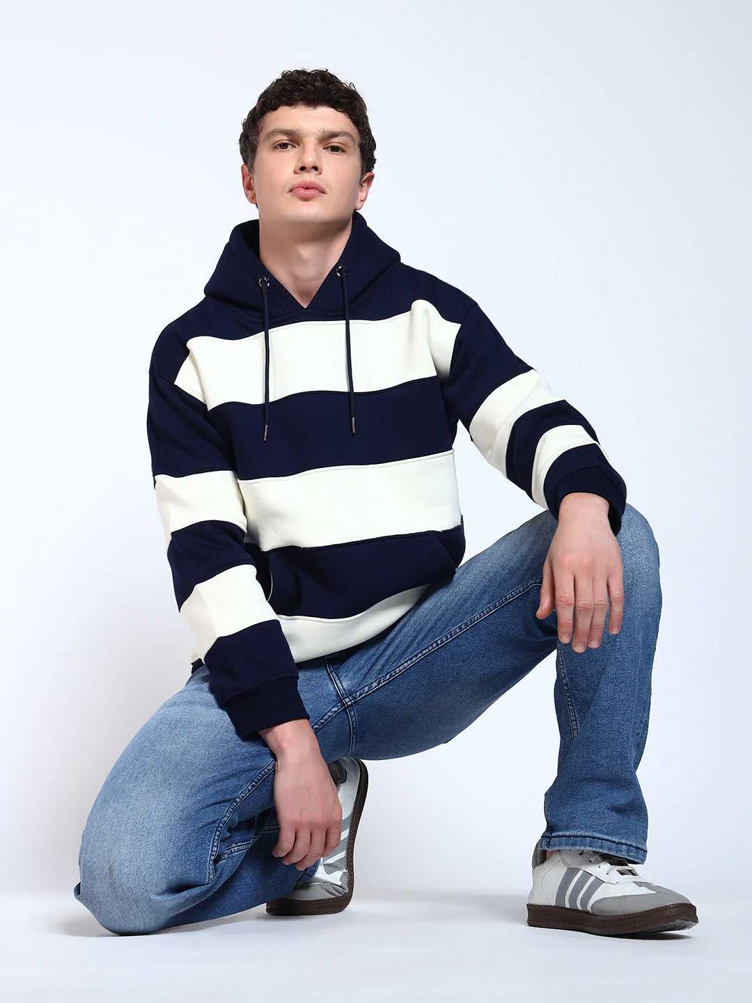 Navy Blue Striped Regular Fit Hoodie Sweatshirt