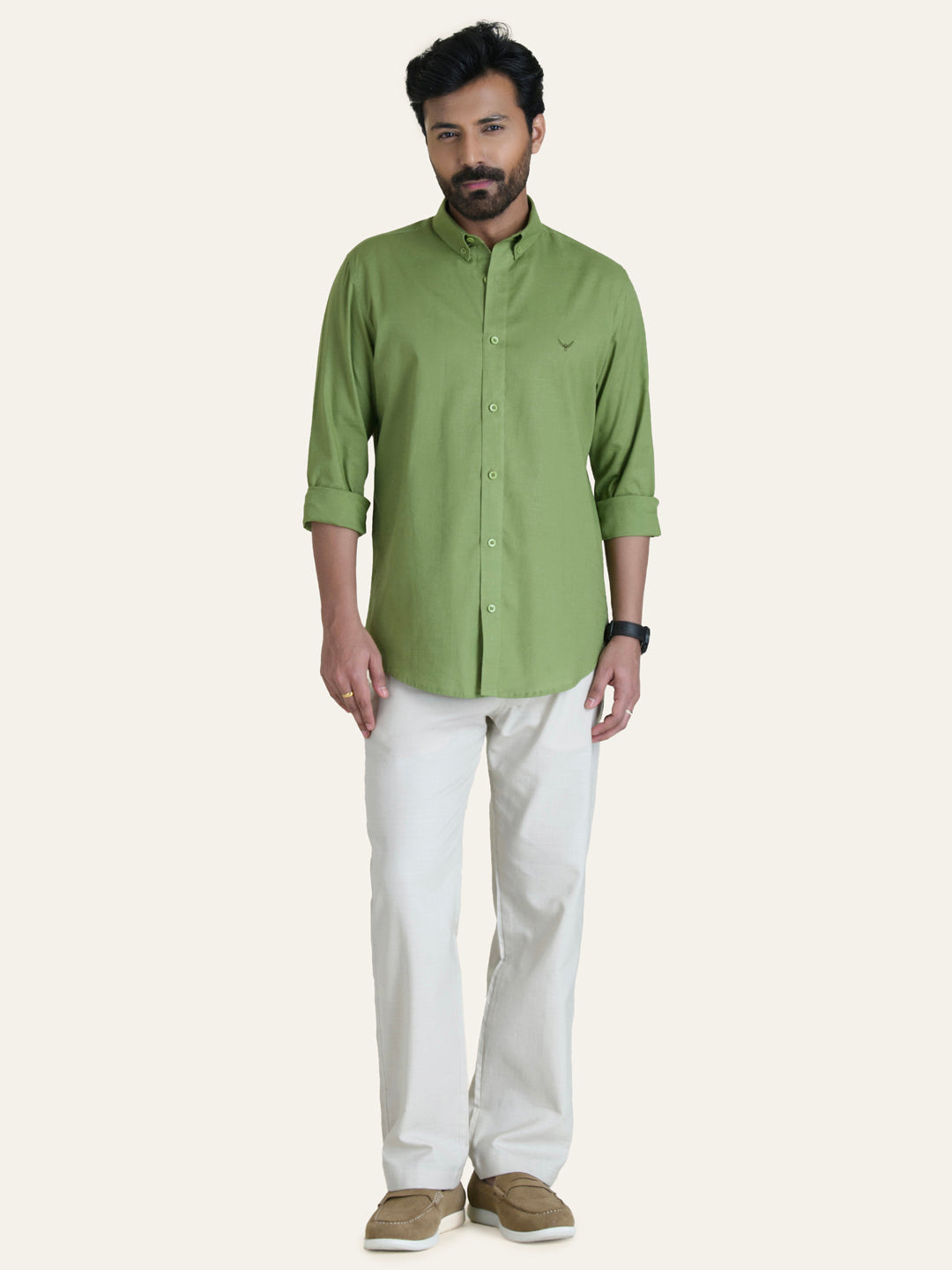 Parrot Green Solid Slim Fit Linen Cotton Shirt