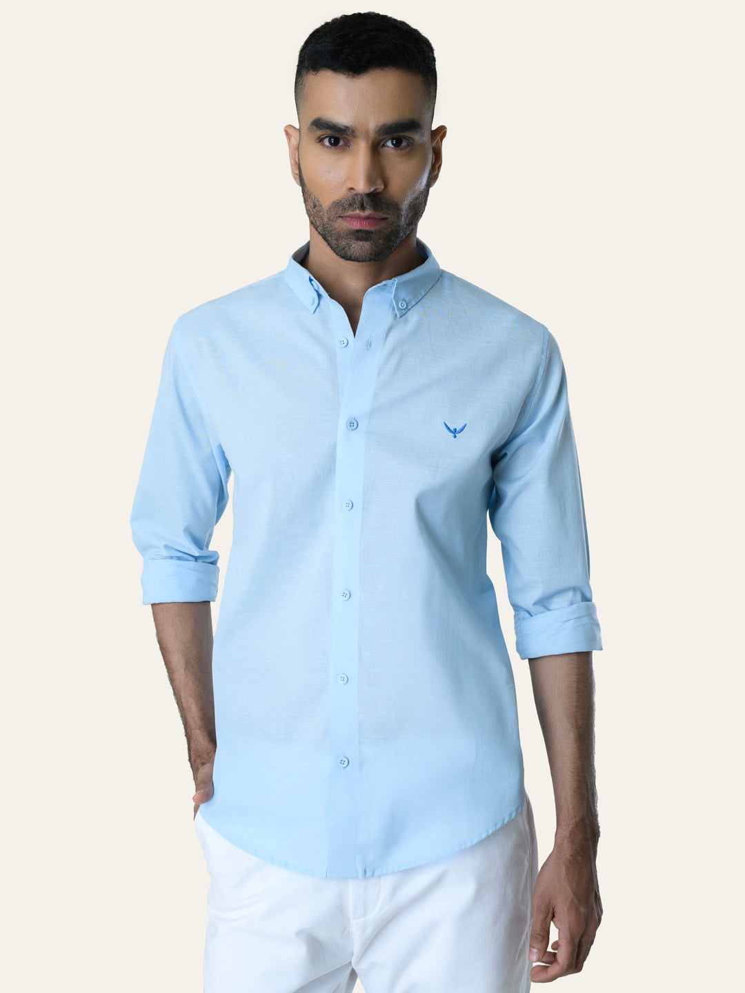 Sky Blue Solid Slim Fit Linen Cotton Shirt