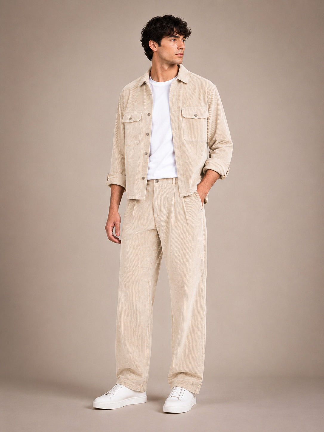 Beige Corduroy Regular Fit Pleated Trouser