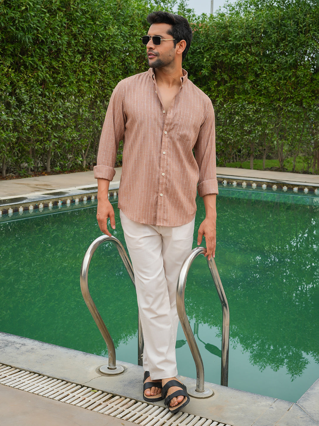 Rust and White Striped Slim Fit Linen Cotton Shirt