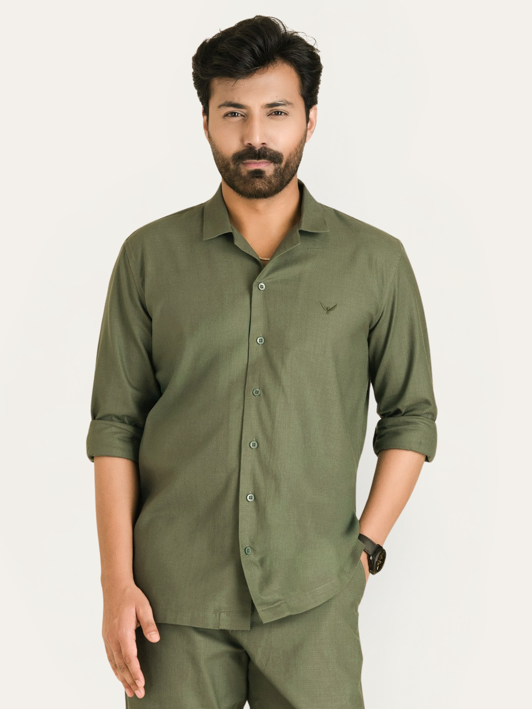 Olive Green Linen Solid Shirt Shorts Co-ord Set.