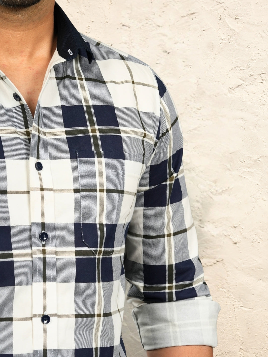 Contrast collar cotton navy blue checks shirt