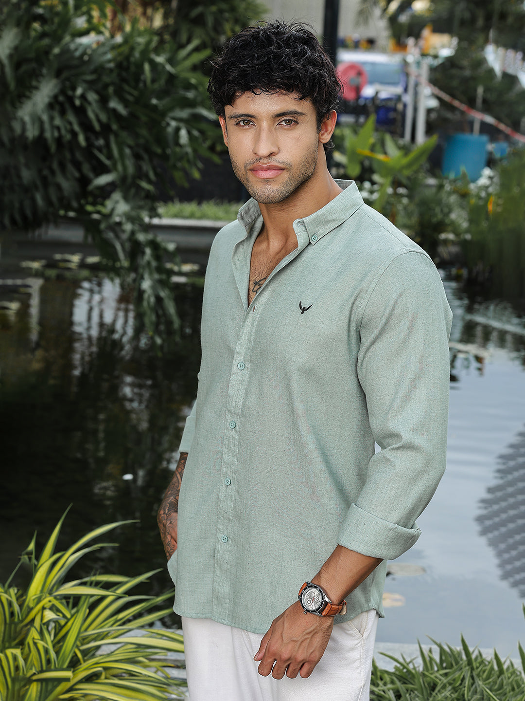 Pastel Green Solid Slim Fit Linen Shirt