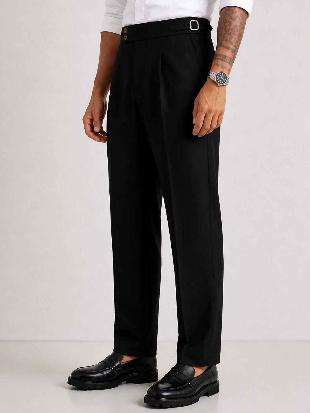 Black Solid Straight Fit Double Buckle Gurkha Pant