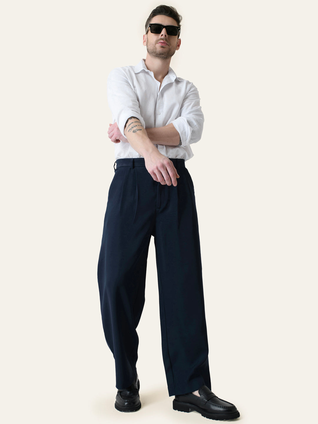 Navy Blue Solid Pleated Korean Pants
