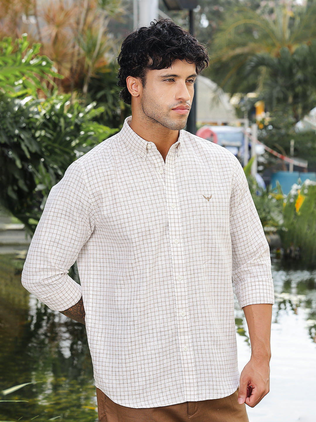 Brown Checked Slim Fit Linen Shirt