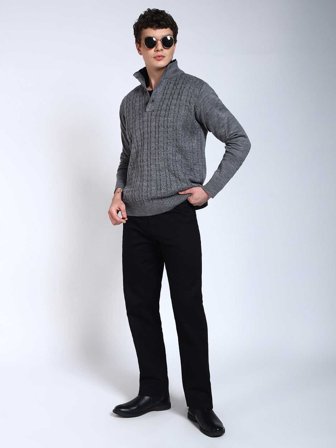 Grey Solid Cable Knit Fur Collar Pullover-Sweater