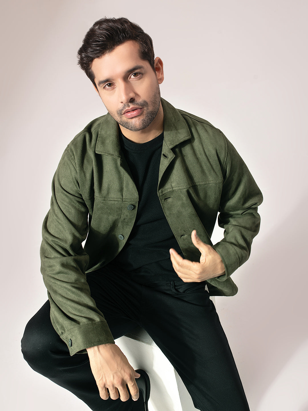 Olive Green Suede Solid Cut & Sew Jacket