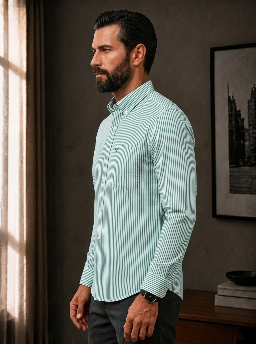 Aqua Green Striped Slim Fit Cotton Shirt