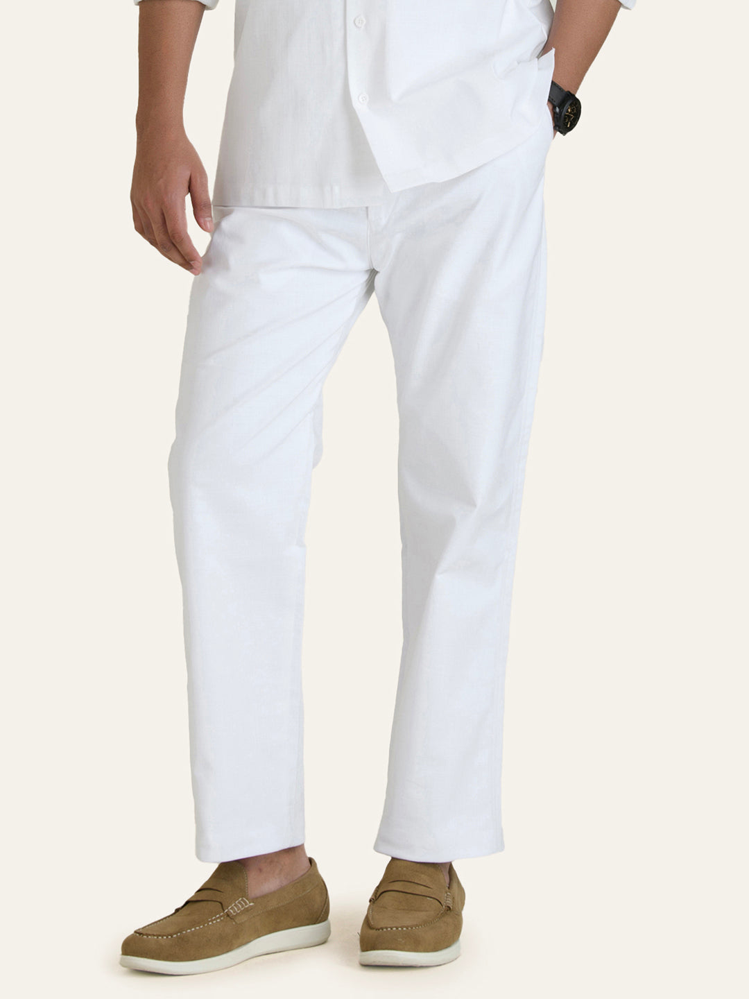 White Linen Solid Shirt Pants Co-ord Set.