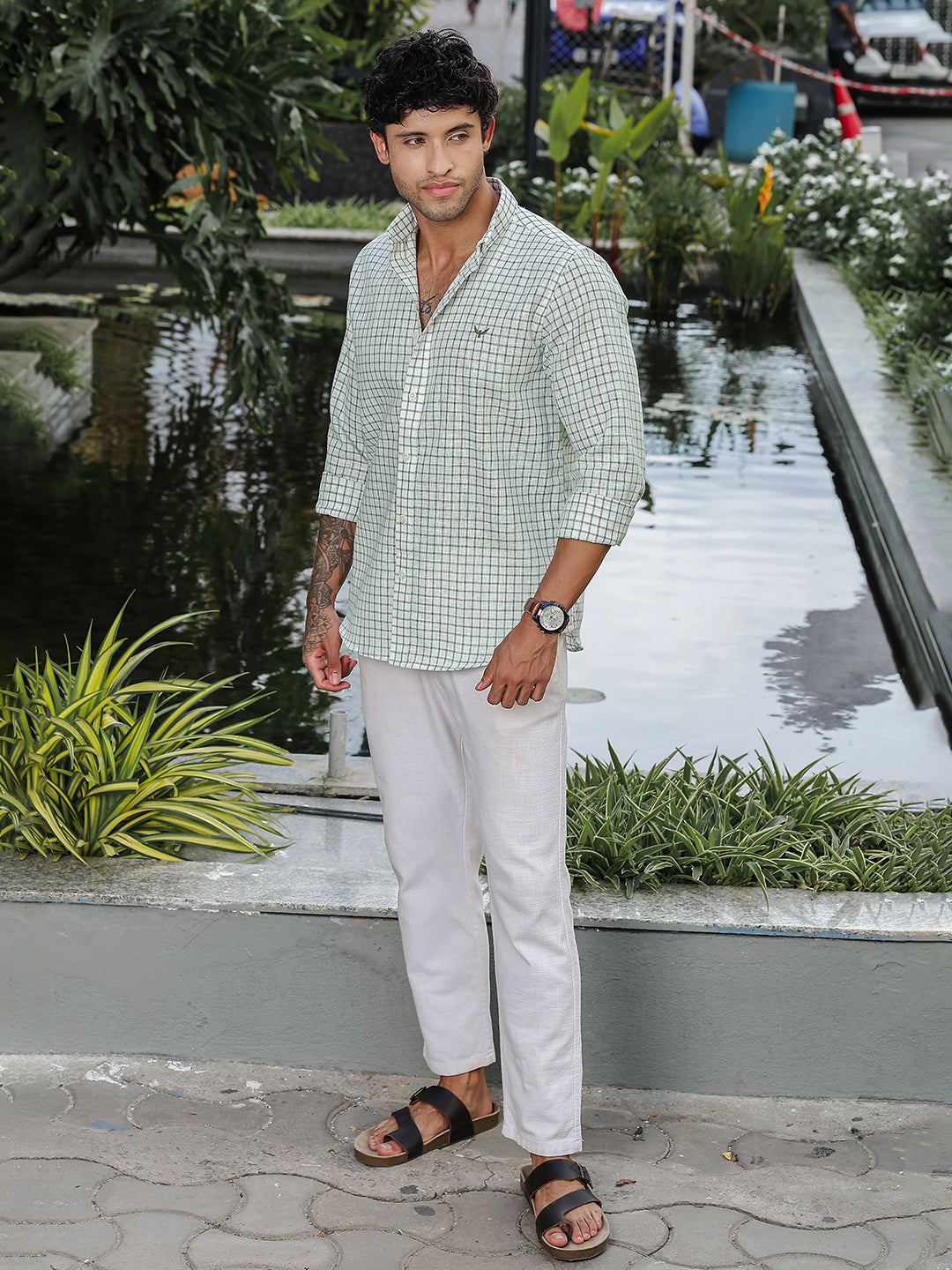 Green Checked Slim Fit Linen Shirt