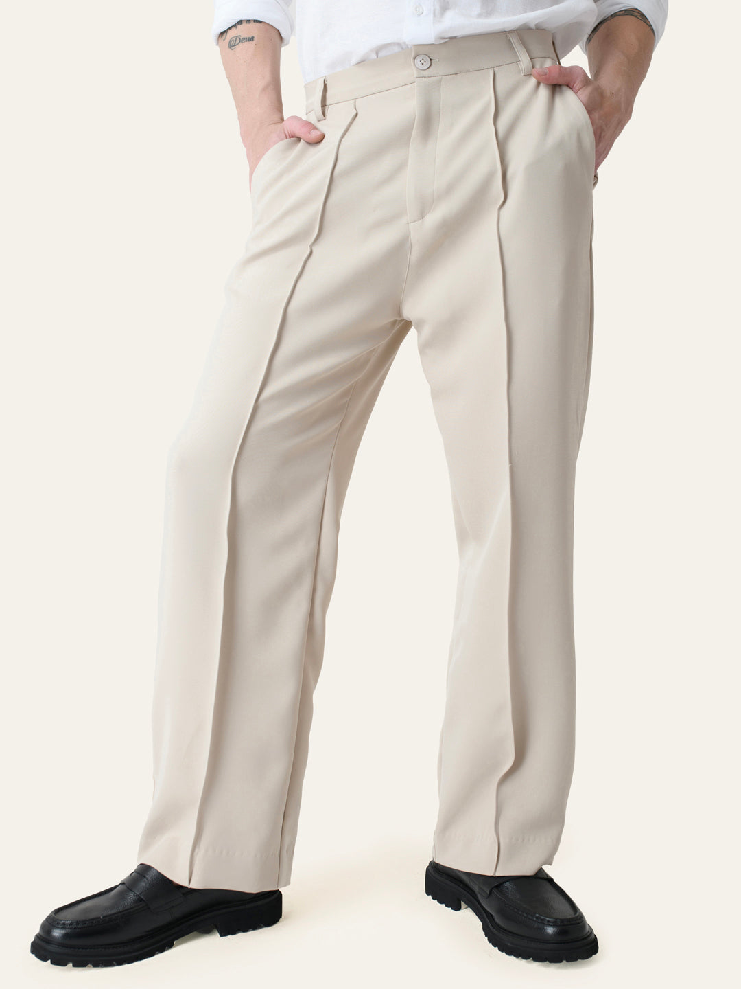 Cream Solid Pintuck Korean Pants