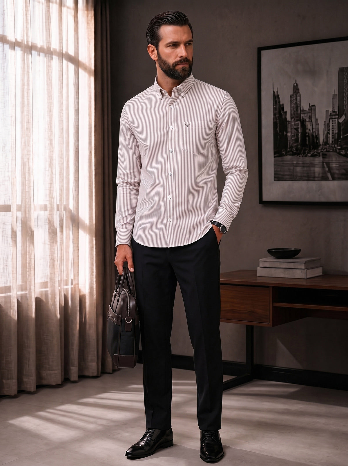 Brown Striped Slim Fit Cotton Shirt