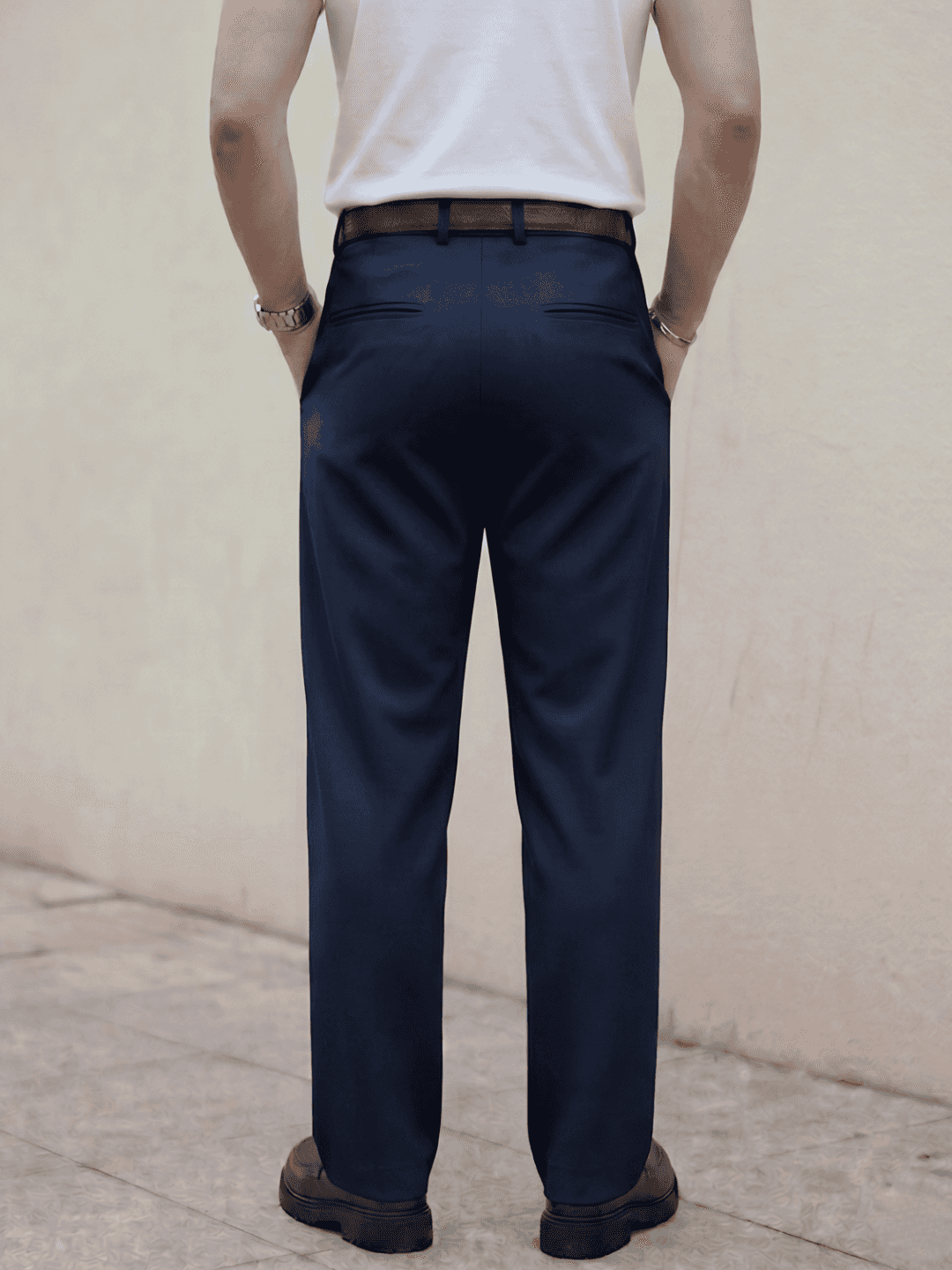 Navy Solid Loose Fit Overpleat Korean Pant
