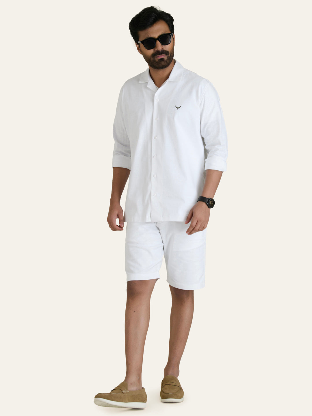 White Linen Solid Shirt Shorts Co-ord Set.
