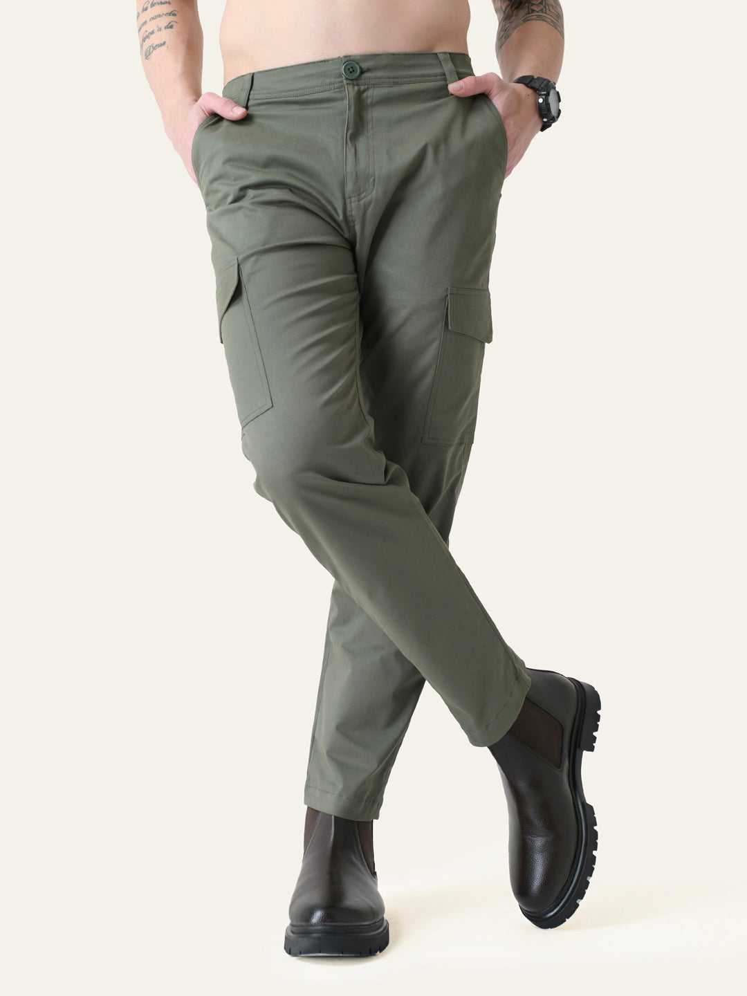 Olive Green Solid Cargo Pants