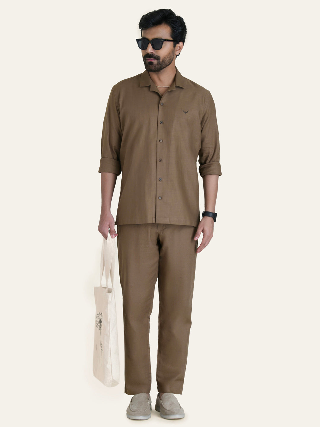 Brown Linen Solid Shirt Pants Co-ord Set.