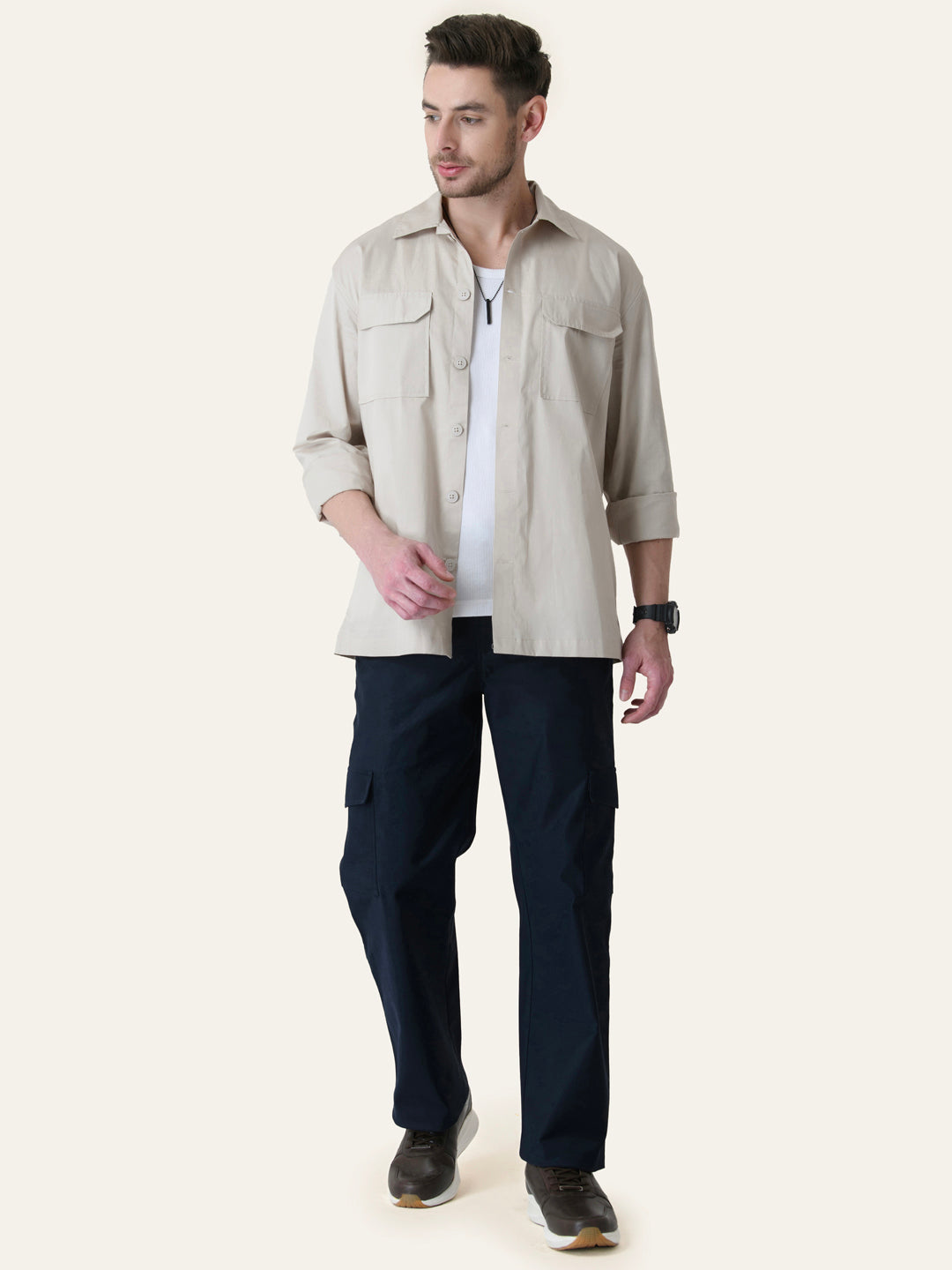 Navy Blue Solid Cargo Pants