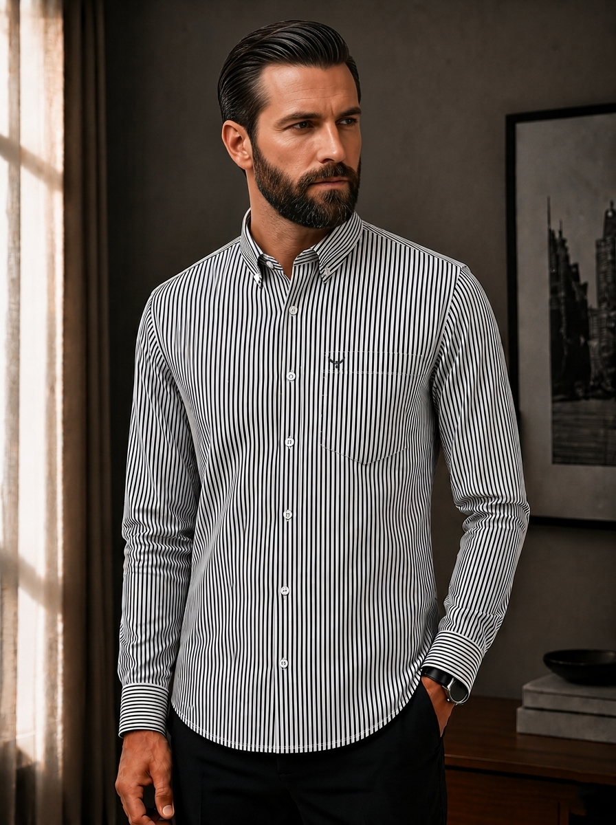 Black Striped Slim Fit Cotton Shirt