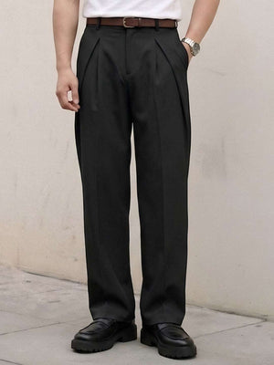 Black Solid Loose Fit Overpleat Korean Pant