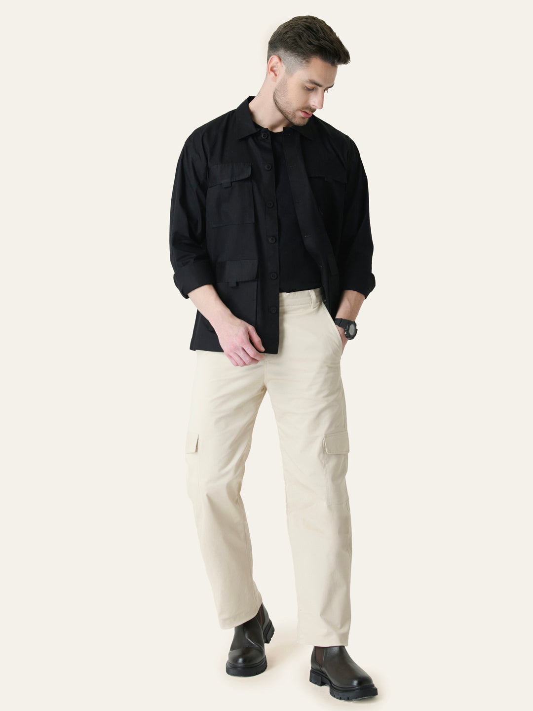 Beige Solid Cargo Pants