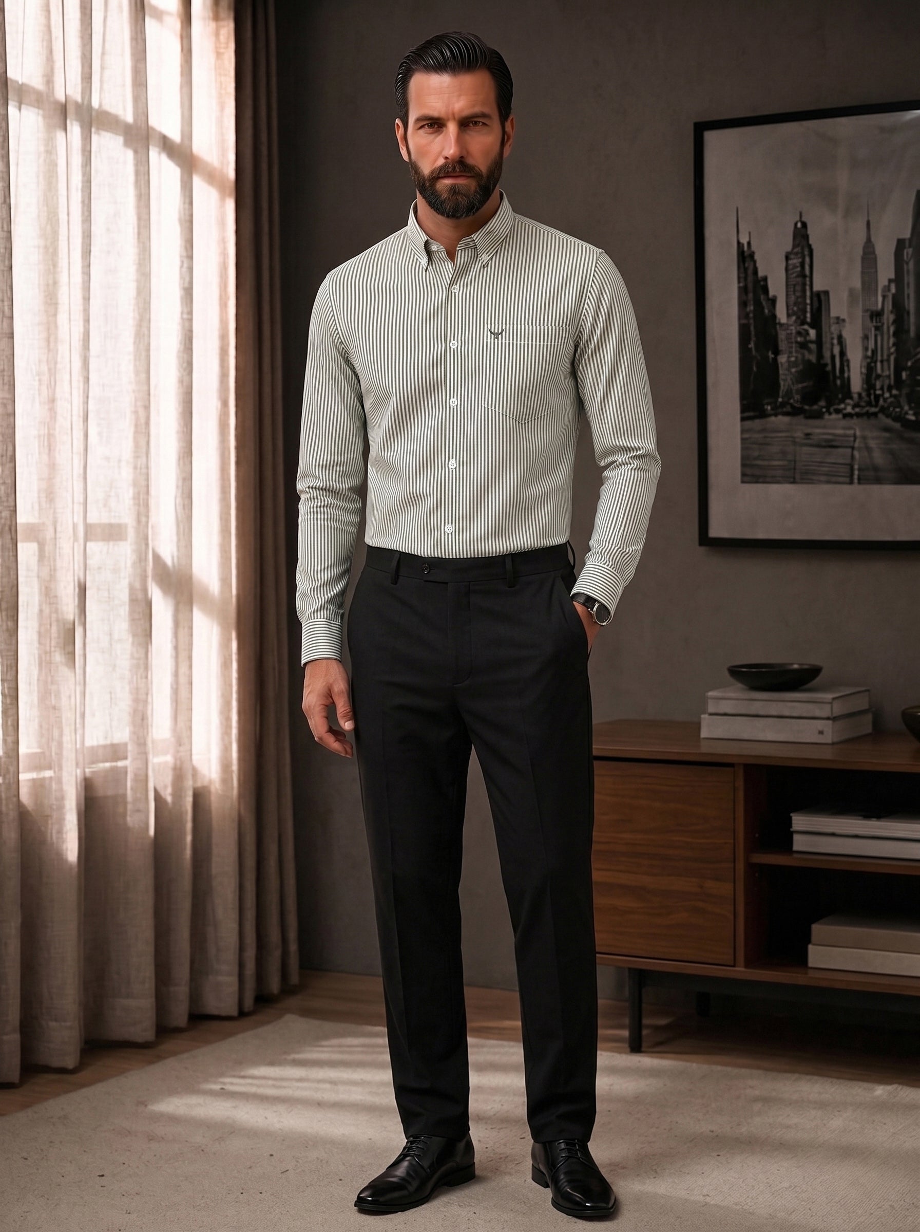 Bottle Green Striped Slim Fit Cotton Shirt