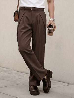 Brown Solid Loose Fit Overpleat Korean Pant