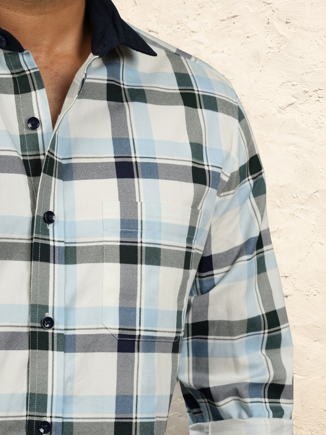 Contrast collar cotton sky blue checks shirt