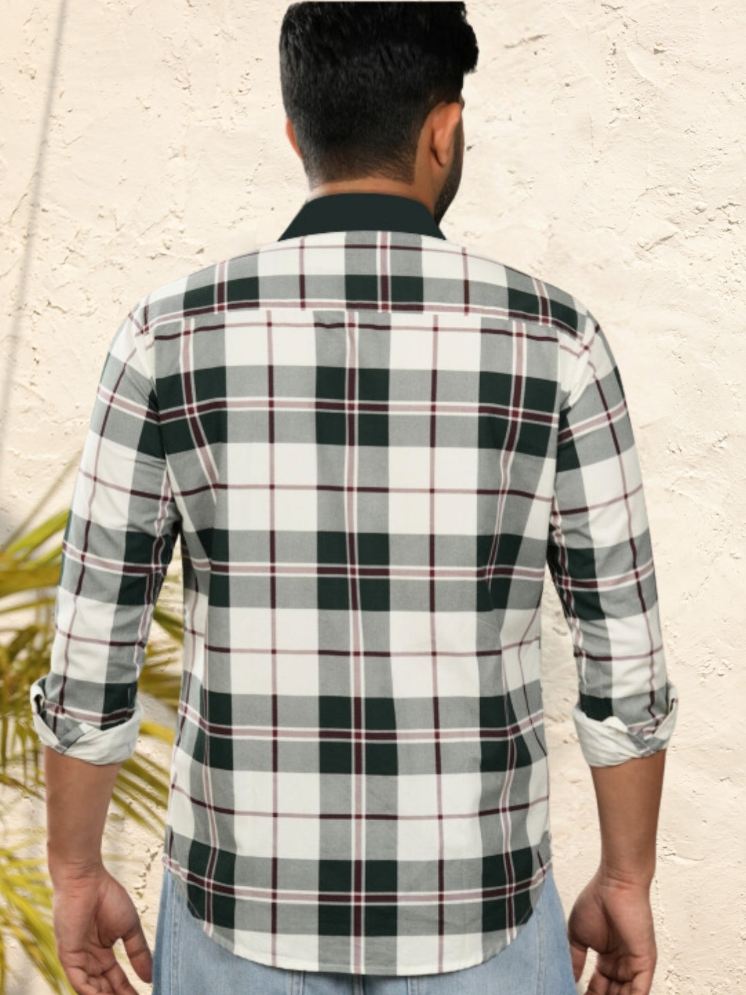 Contrast collar cotton green checks shirt