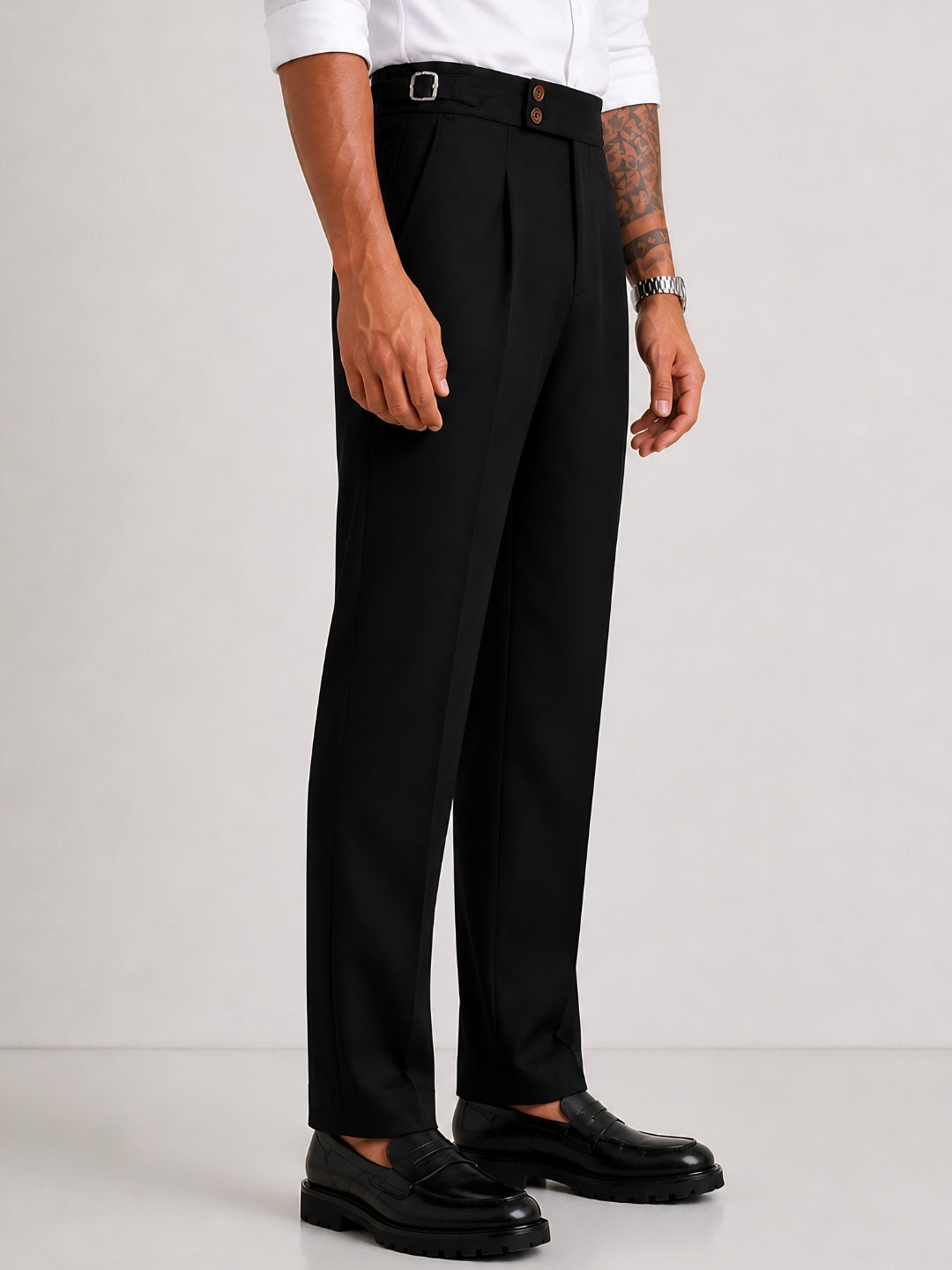 Black Solid Straight Fit Double Buckle Gurkha Pant
