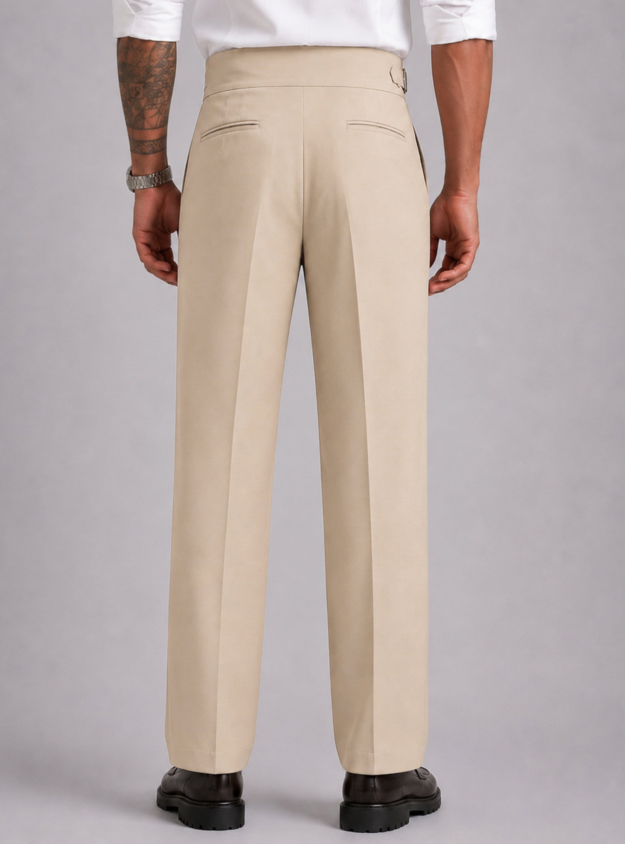 Cream Solid Straight Fit Single Buckle Gurkha Pant For Men
