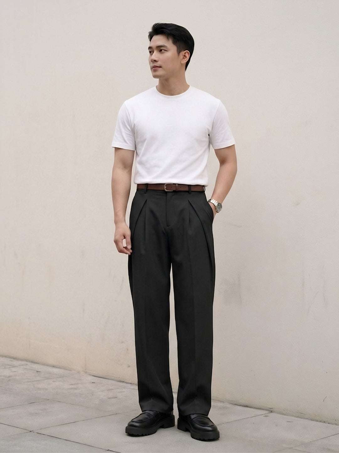 Black Solid Loose Fit Overpleat Korean Pant