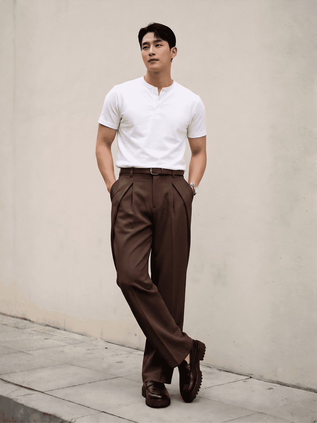 Brown Solid Loose Fit Overpleat Korean Pant