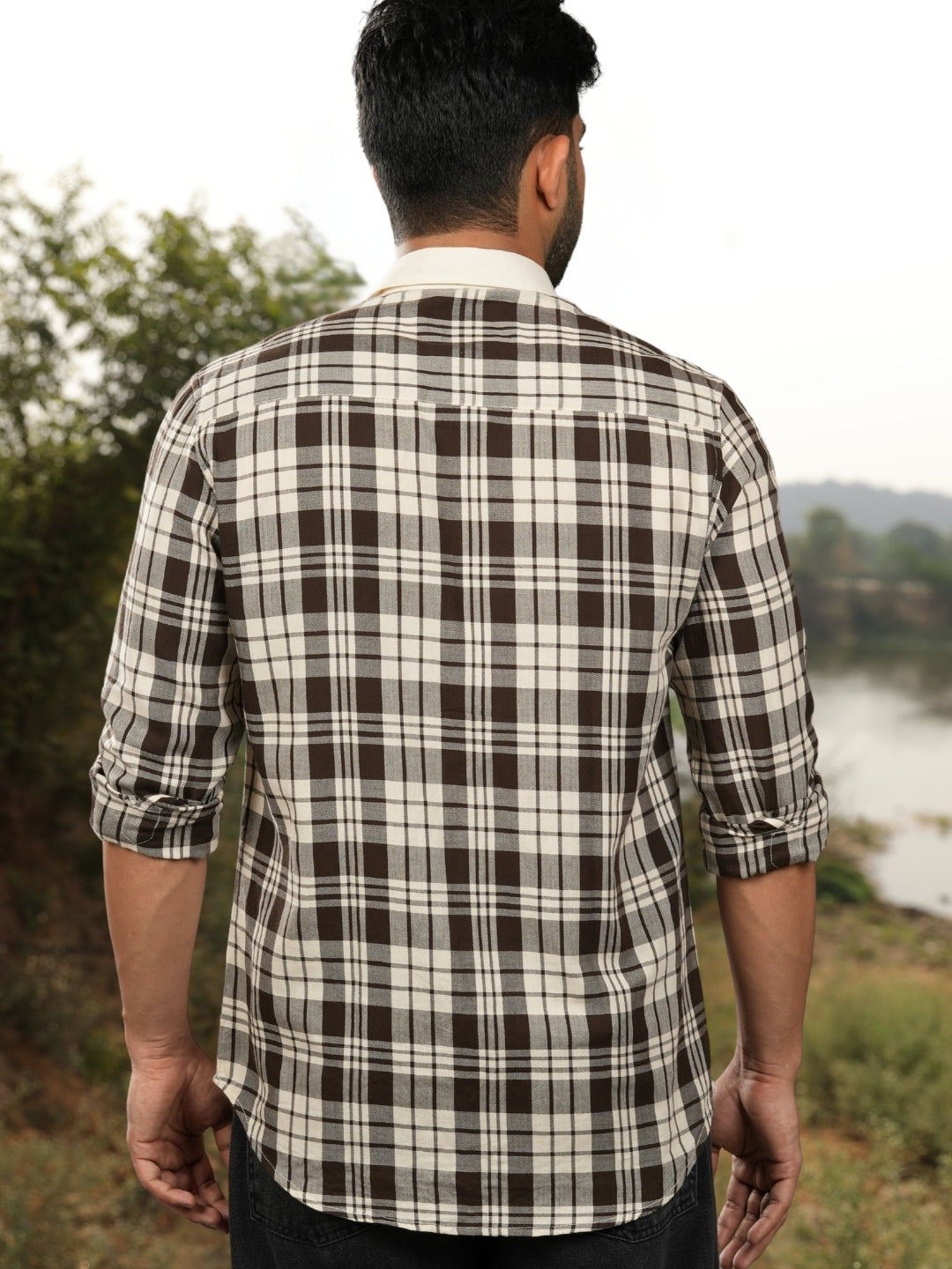 Contrast collar cotton Brown checks shirt