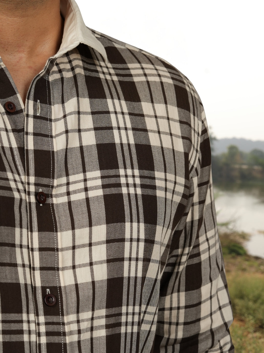 Contrast collar cotton Brown checks shirt