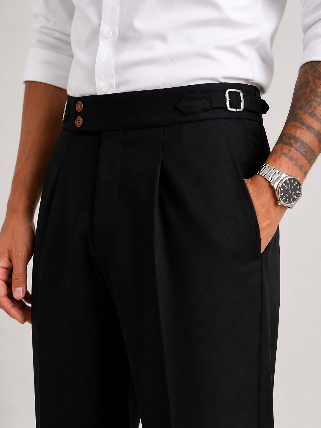 Black Solid Straight Fit Double Buckle Gurkha Pant