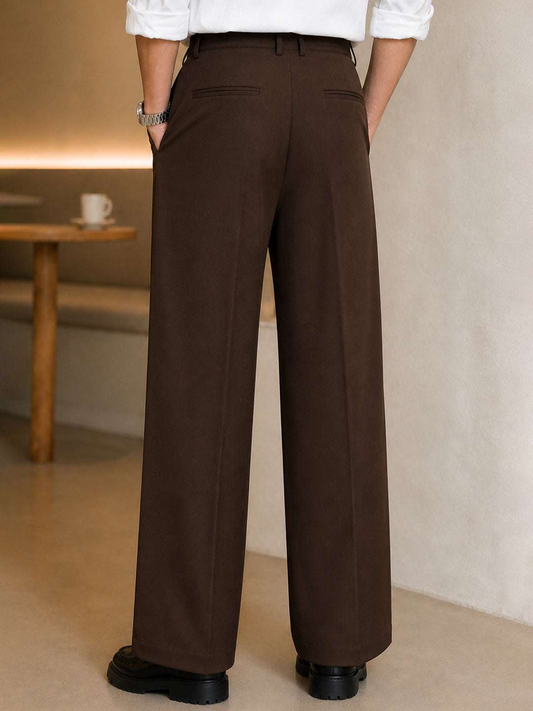 Brown Solid Loose Fit Mid-pleat Korean Pant