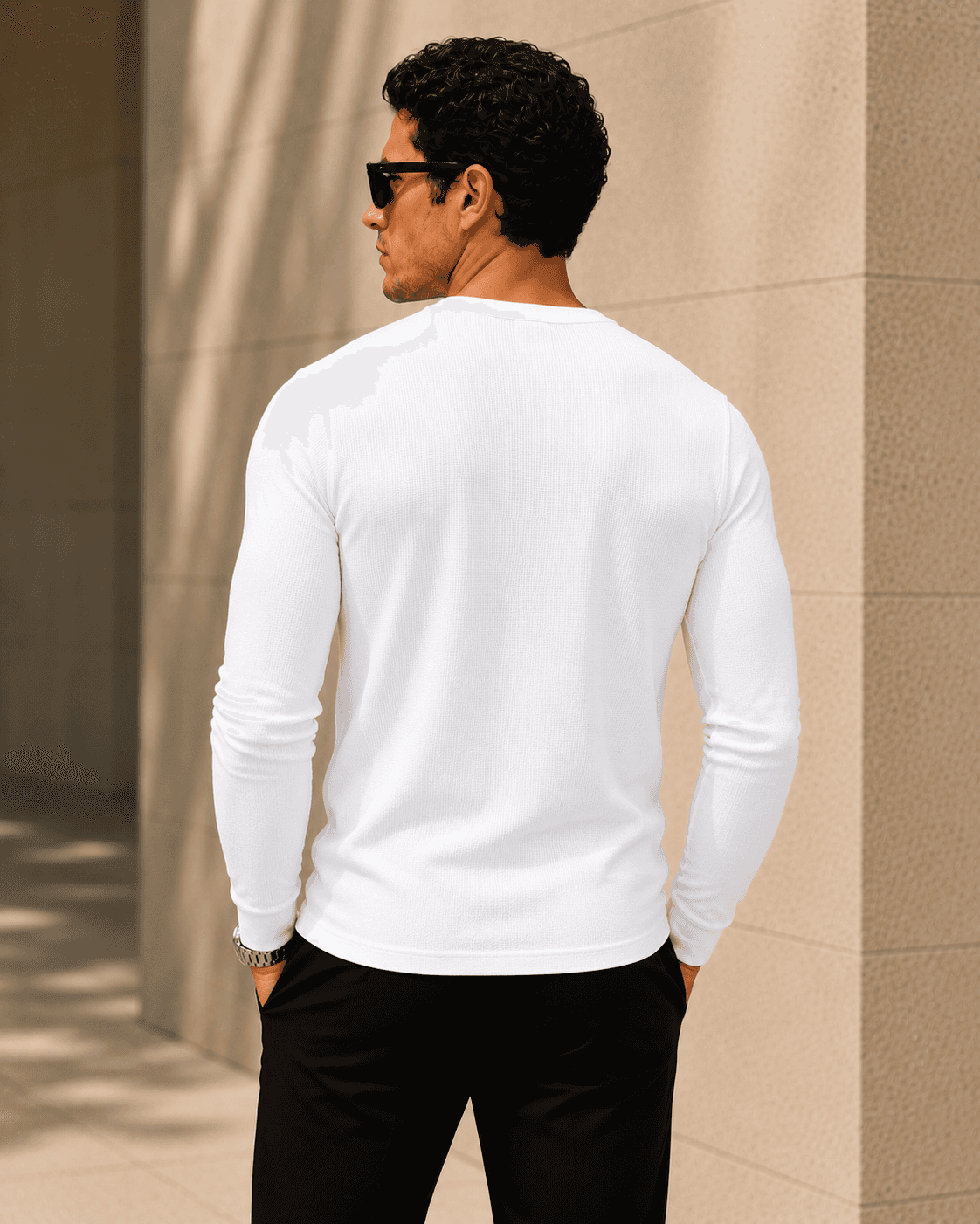 White Waffle Henley Full Sleeve T-Shirt