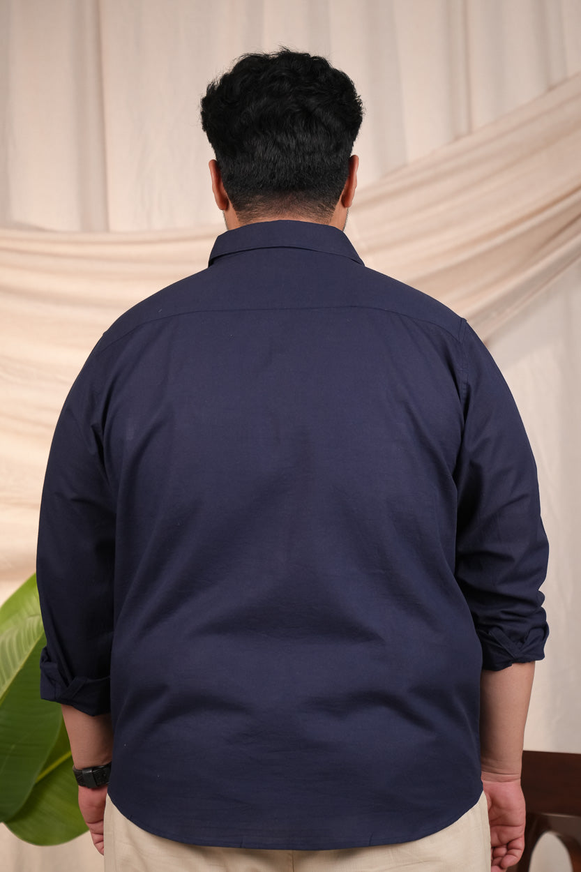 Navy Blue Pre-Washed Regular Plus Size Linen Blend Shirt