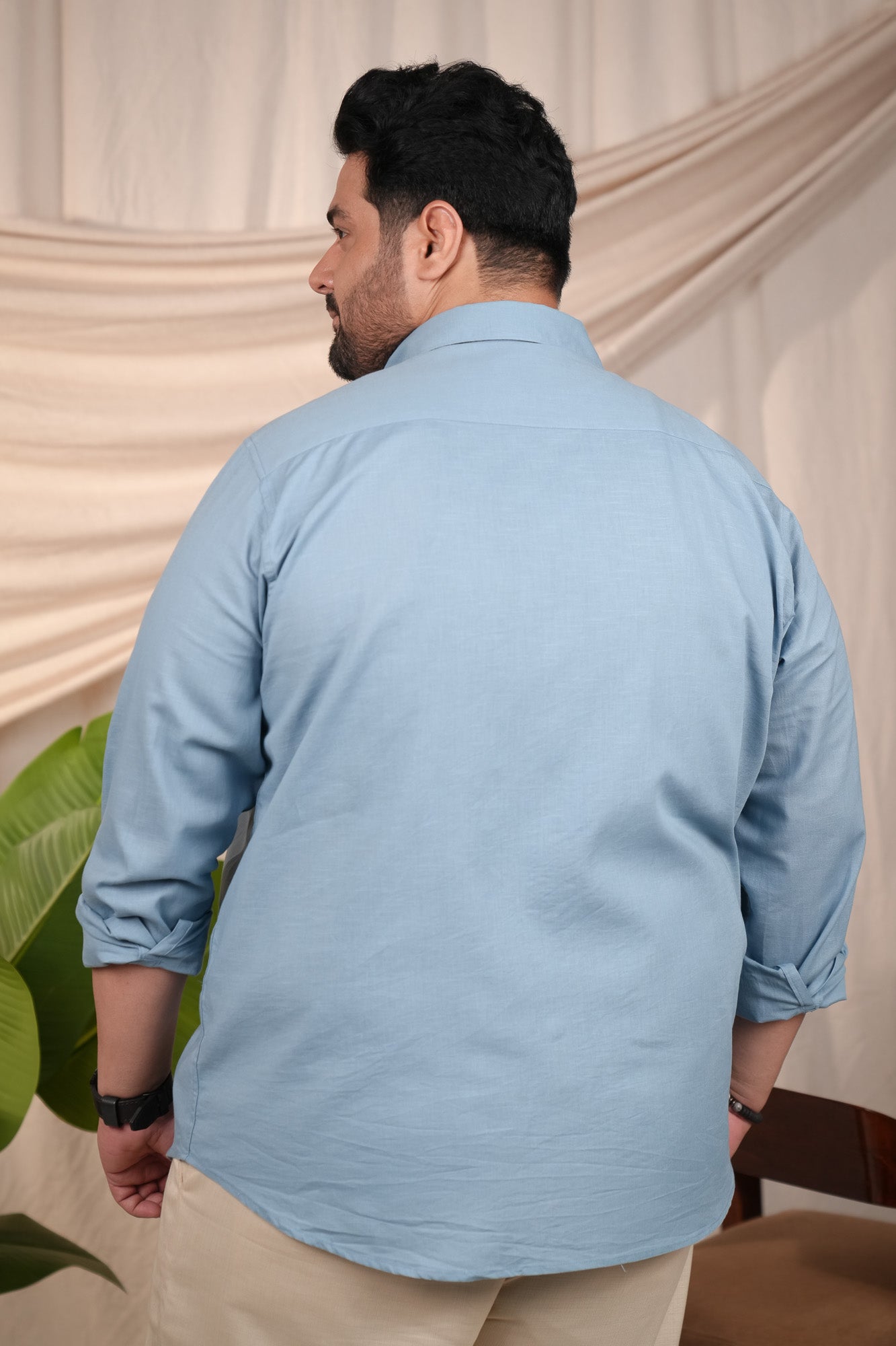 Aqua Blue Pre-Washed Regular Plus Size Linen Blend Shirt