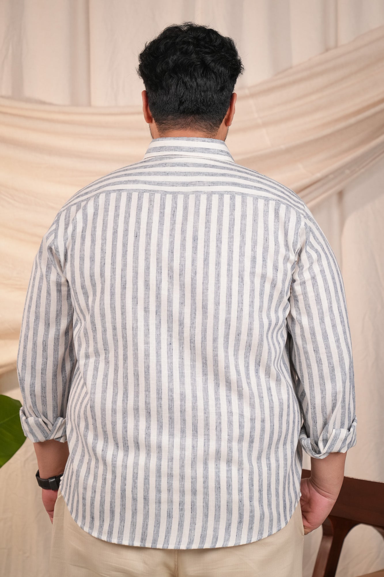 Ocean Blue Stripes Pre-Washed Linen Cotton Regular Fit Plus Size Shirt