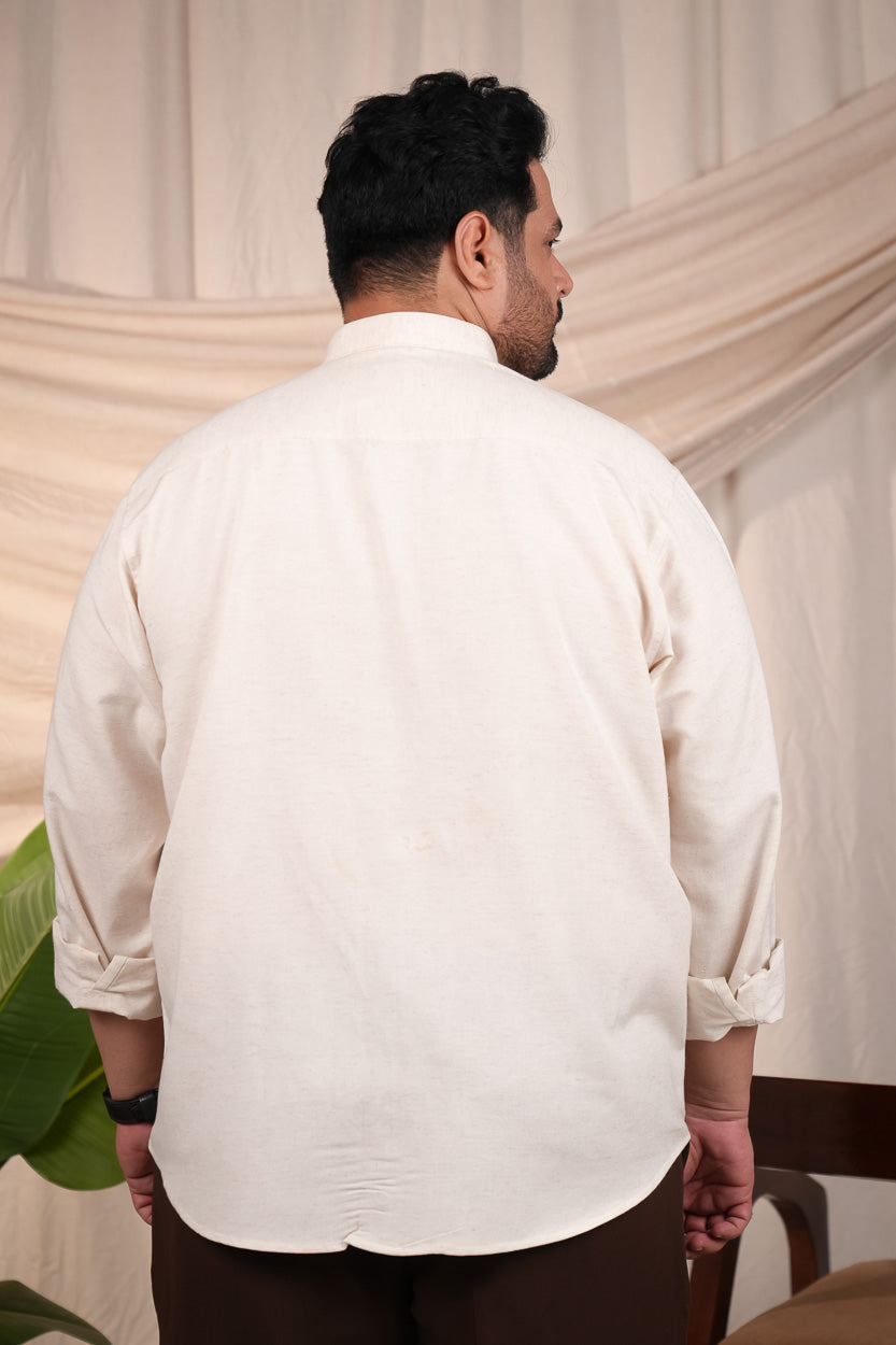 Beige Band Collar Linen Blend Regular Plus Size Shirt
