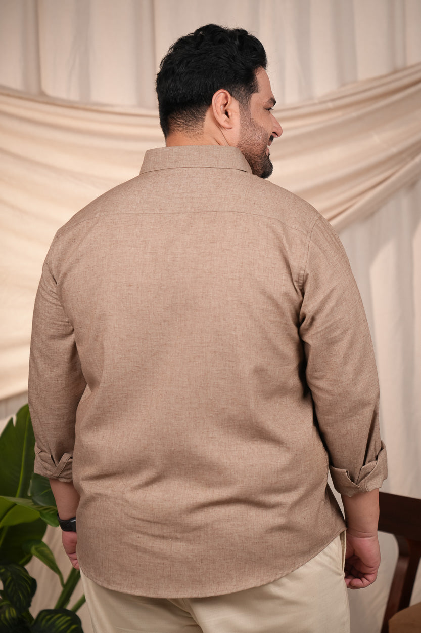 Brown Natural Textured Solid Pre-Washed Regular Plus Size Linen Cotton Shirt