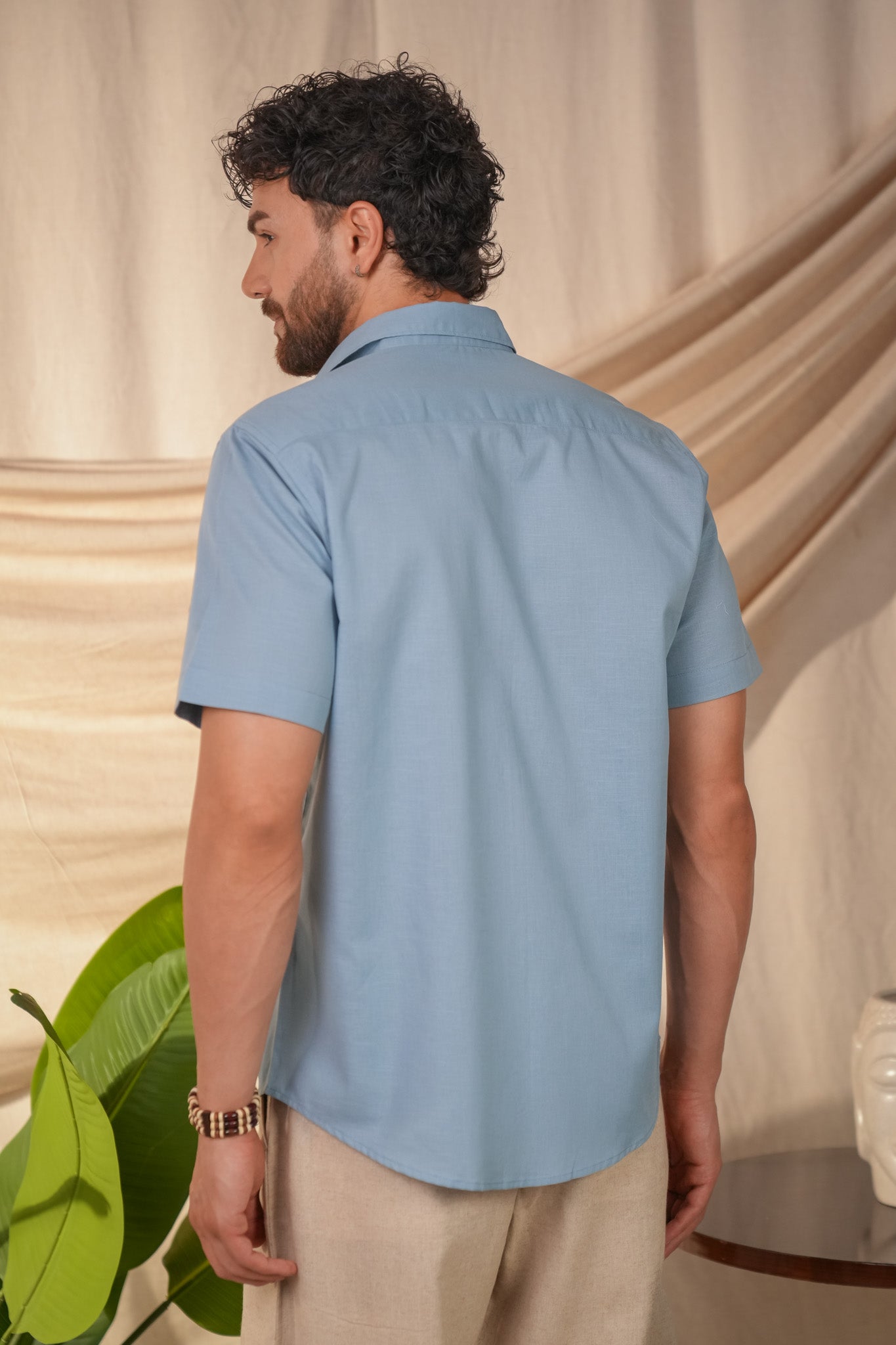 Aqua Blue Solid Pre-Washed Linen Cotton Slim Fit Shirt