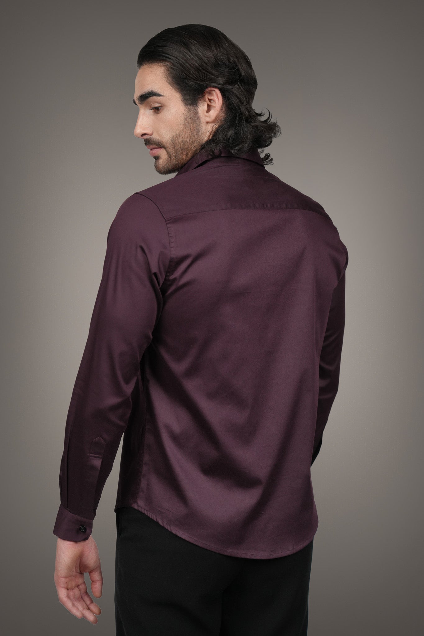 Wine Solid Cotton Satin Slim Fit Shirt