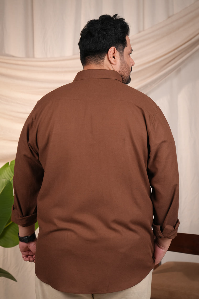 Dark Brown Solid Slim Regular Fit Plus Size Linen Cotton Shirt